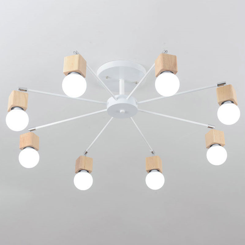 8-Lights Bare Bulb Simplicity Ceiling Light 35.5" Wide Modern Style Wooden Lighting Fixture in White