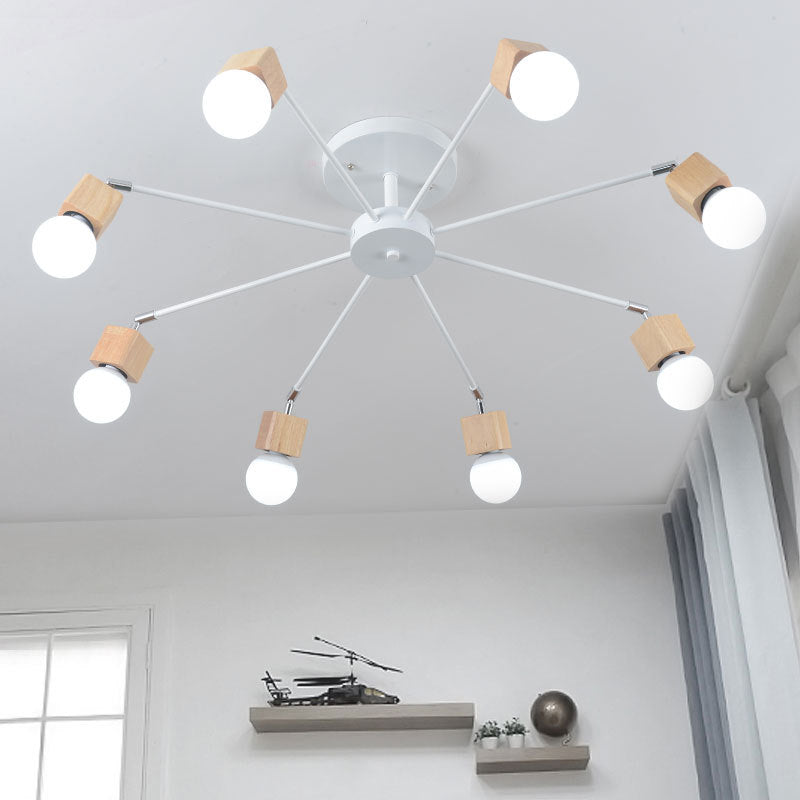 8-Lights Bare Bulb Simplicity Ceiling Light 35.5" Wide Modern Style Wooden Lighting Fixture in White