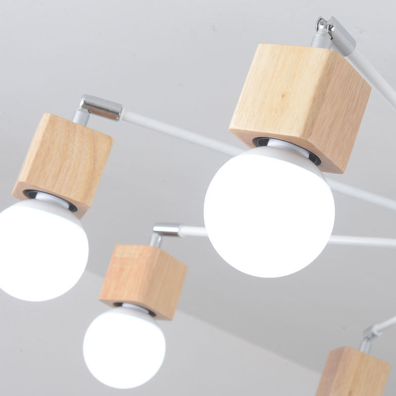 8-Lights Bare Bulb Simplicity Ceiling Light 35.5" Wide Modern Style Wooden Lighting Fixture in White