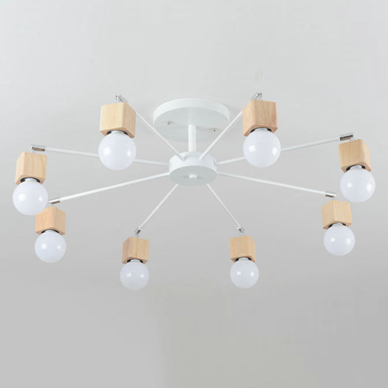 8-Lights Bare Bulb Simplicity Ceiling Light 35.5" Wide Modern Style Wooden Lighting Fixture in White