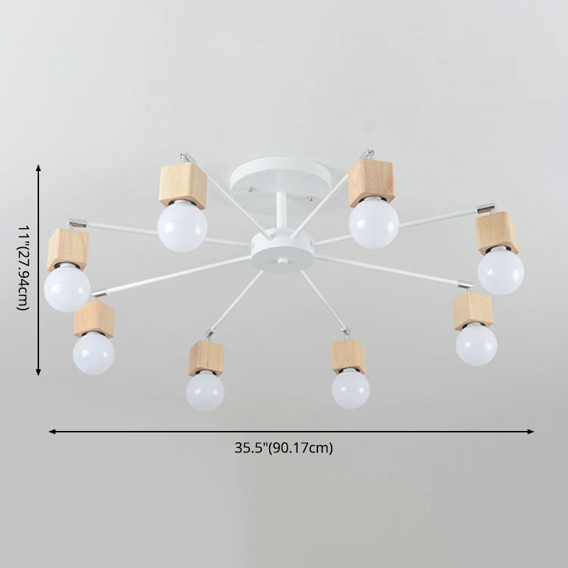 8-Lights Bare Bulb Simplicity Ceiling Light 35.5" Wide Modern Style Wooden Lighting Fixture in White