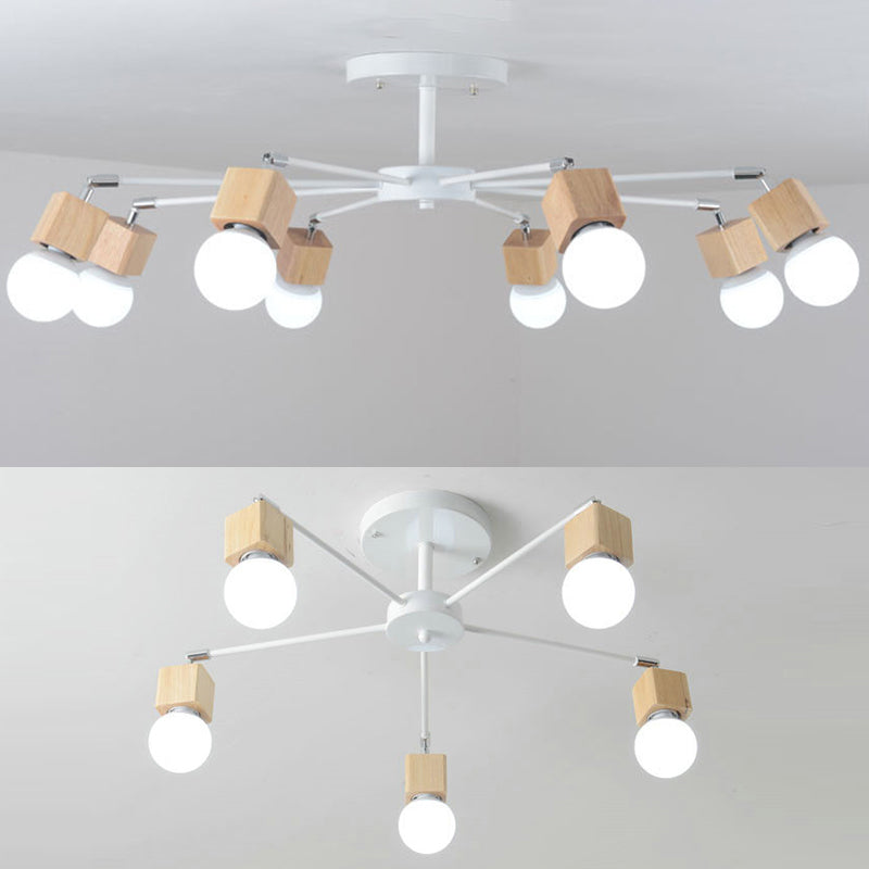 8-Lights Bare Bulb Simplicity Ceiling Light 35.5" Wide Modern Style Wooden Lighting Fixture in White