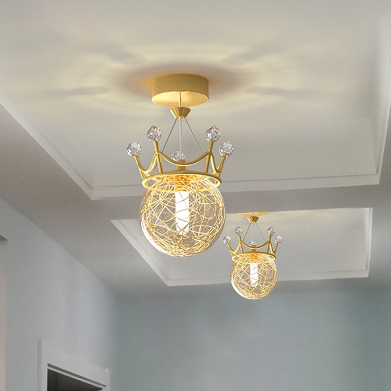 Gold Crown Shaped Semi Flush Light Modern 1-Light Clear Glass Ceiling Fixture for Hallway