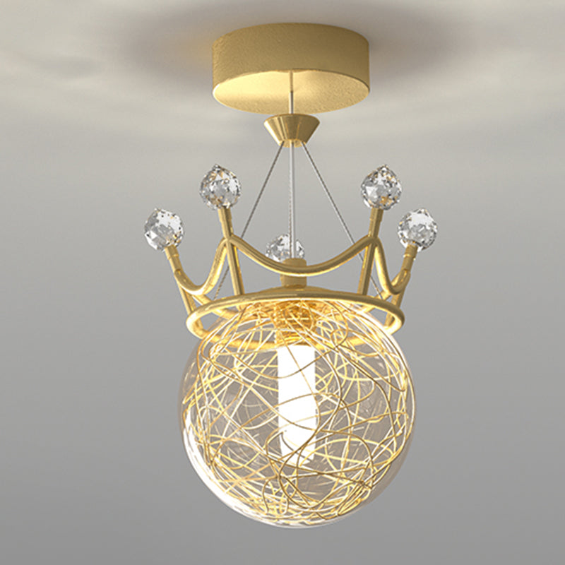 Gold Crown Shaped Semi Flush Light Modern 1-Light Clear Glass Ceiling Fixture for Hallway