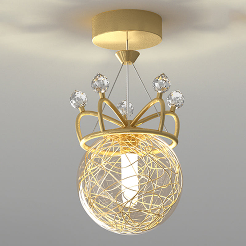 Gold Crown Shaped Semi Flush Light Modern 1-Light Clear Glass Ceiling Fixture for Hallway