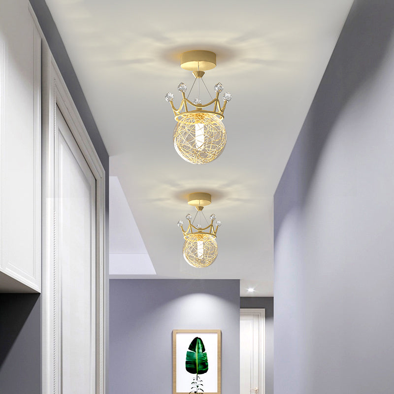 Gold Crown Shaped Semi Flush Light Modern 1-Light Clear Glass Ceiling Fixture for Hallway