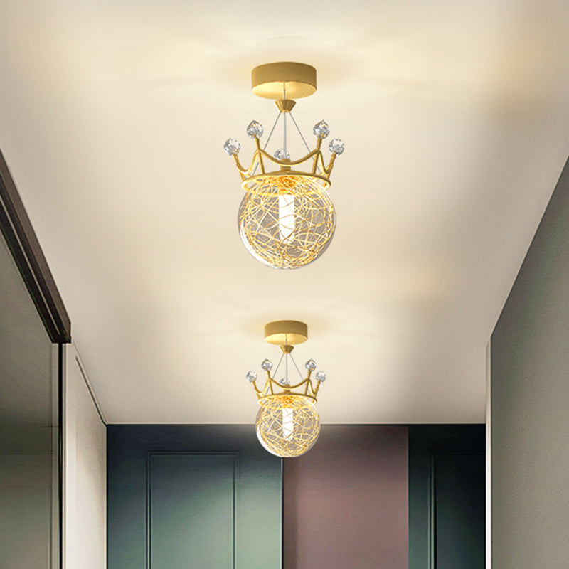 Gold Crown Shaped Semi Flush Light Modern 1-Light Clear Glass Ceiling Fixture for Hallway