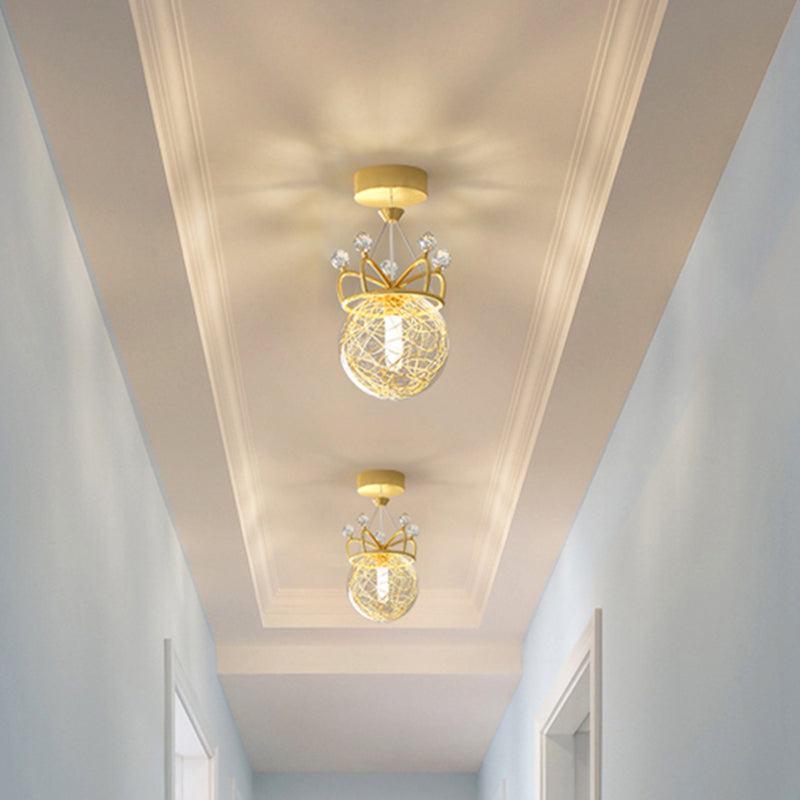 Gold Crown Shaped Semi Flush Light Modern 1-Light Clear Glass Ceiling Fixture for Hallway