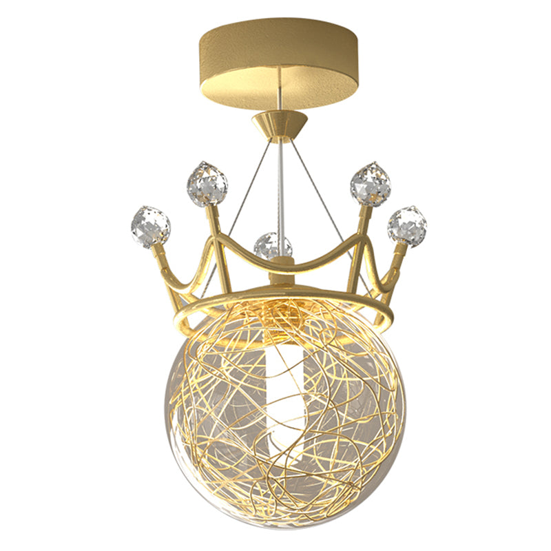 Gold Crown Shaped Semi Flush Light Modern 1-Light Clear Glass Ceiling Fixture for Hallway