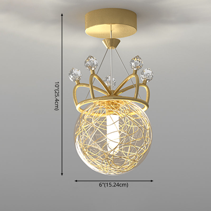 Gold Crown Shaped Semi Flush Light Modern 1-Light Clear Glass Ceiling Fixture for Hallway