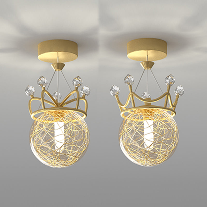 Gold Crown Shaped Semi Flush Light Modern 1-Light Clear Glass Ceiling Fixture for Hallway