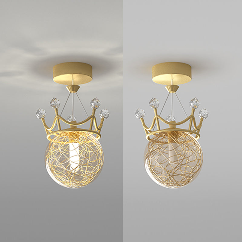 Gold Crown Shaped Semi Flush Light Modern 1-Light Clear Glass Ceiling Fixture for Hallway