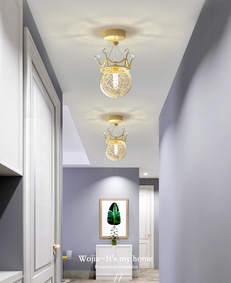 Gold Crown Shaped Semi Flush Light Modern 1-Light Clear Glass Ceiling Fixture for Hallway