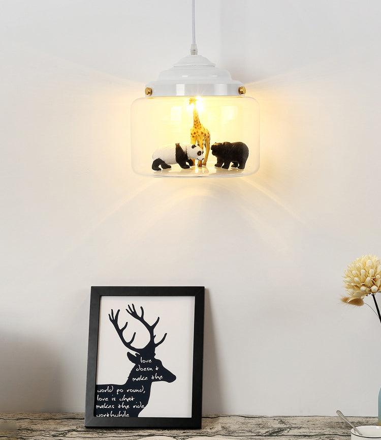 Cylindrical Clear Glass Shape Pendant Lamp Modern Cartoon Animals Hanging Lamp for Kids Bedroom (Animals are shipped randomly)