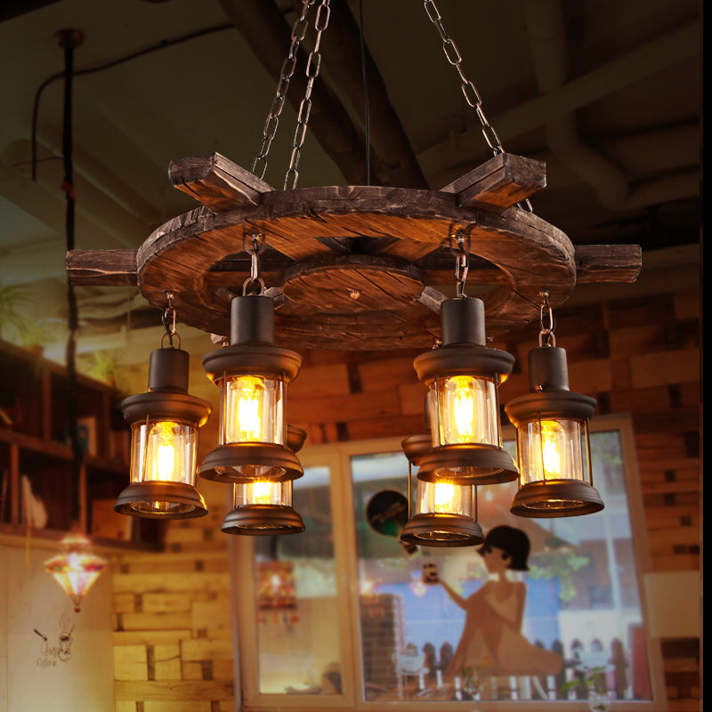 Nautical Style Solid Wood Chandelier Kerosene Lamp Styling Retro Hanging Light with 19.6" Adjustable Suspension Chain