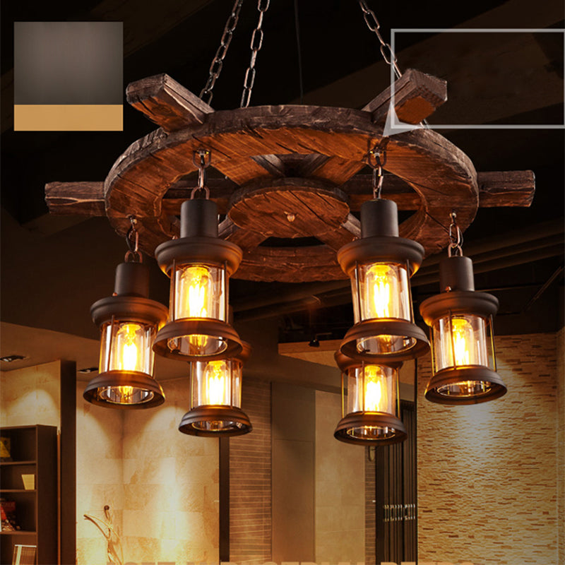 Nautical Style Solid Wood Chandelier Kerosene Lamp Styling Retro Hanging Light with 19.6" Adjustable Suspension Chain