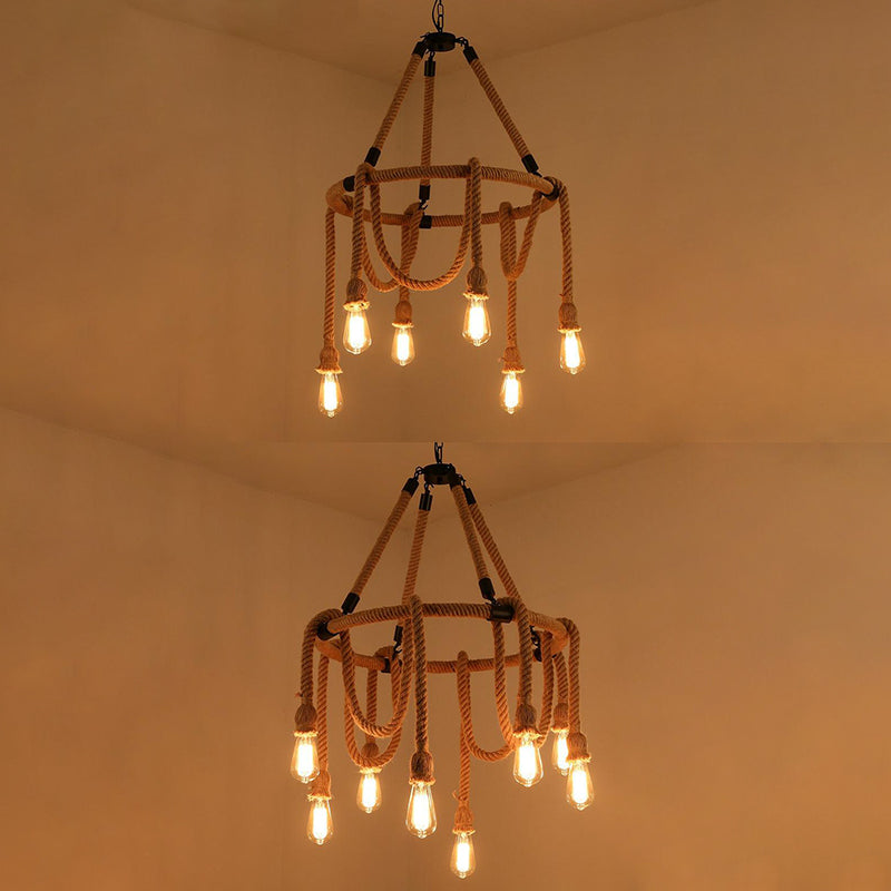 Industrial Style Hemp Rope Chandelier Multi-lights Vintage Open-bulb Design Lighting Fixture