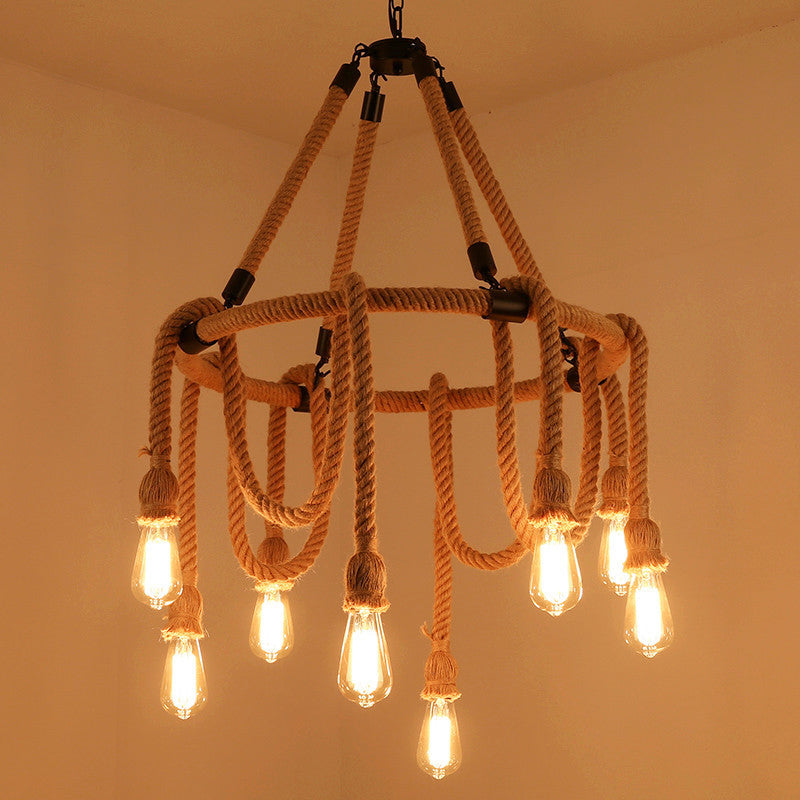 Industrial Style Hemp Rope Chandelier Multi-lights Vintage Open-bulb Design Lighting Fixture