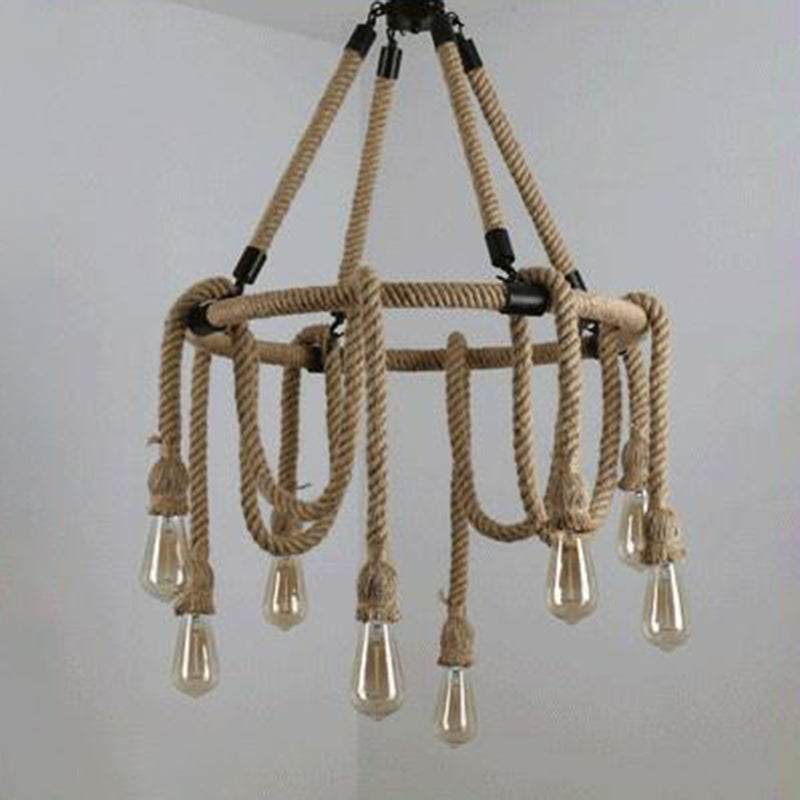 Industrial Style Hemp Rope Chandelier Multi-lights Vintage Open-bulb Design Lighting Fixture