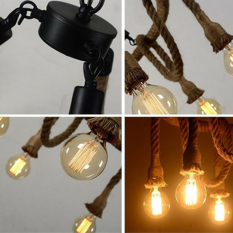 Industrial Style Hemp Rope Chandelier Multi-lights Vintage Open-bulb Design Lighting Fixture