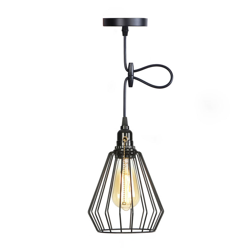 Vintage Industrial Style Metal Cage Hanging Light with Pulled Chain Switch Design Single Bulb Coffee Shop Pendant Lamp