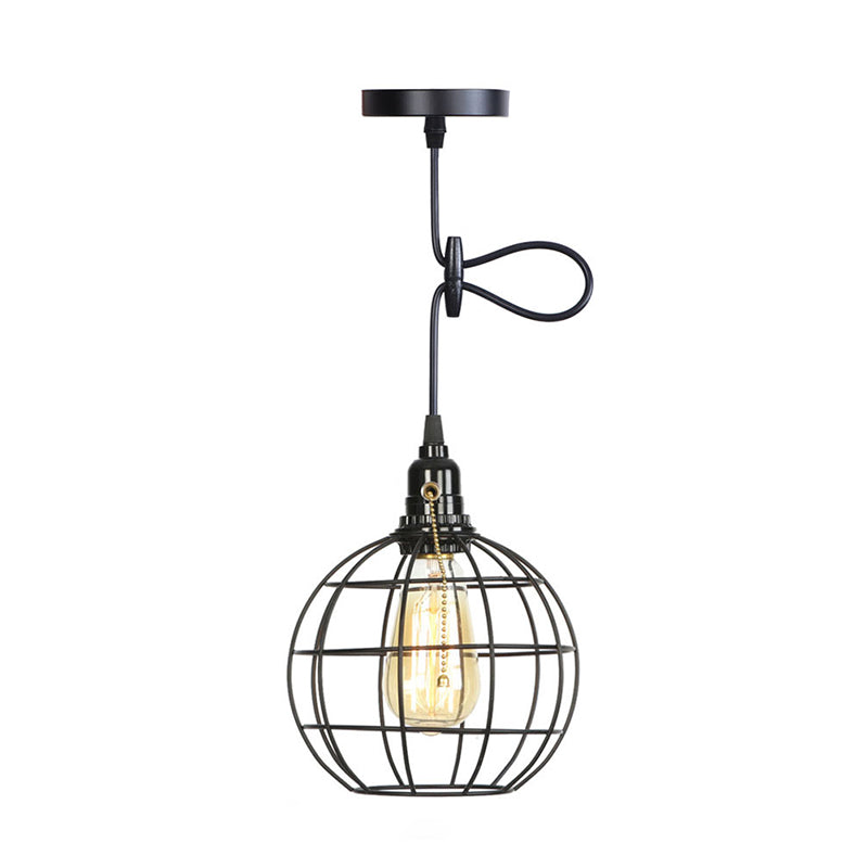 Vintage Industrial Style Metal Cage Hanging Light with Pulled Chain Switch Design Single Bulb Coffee Shop Pendant Lamp