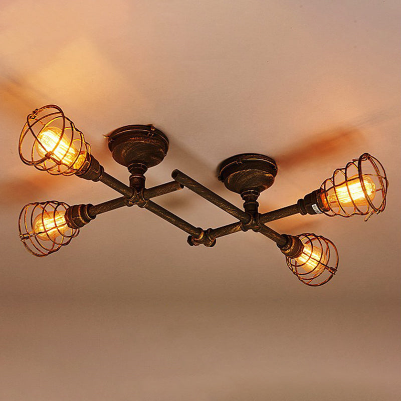 Steampunk Twisted Pipe Semi Flush Mount Leuchte Metall Metall Halbblöde Deckenleuchten für Esszimmer