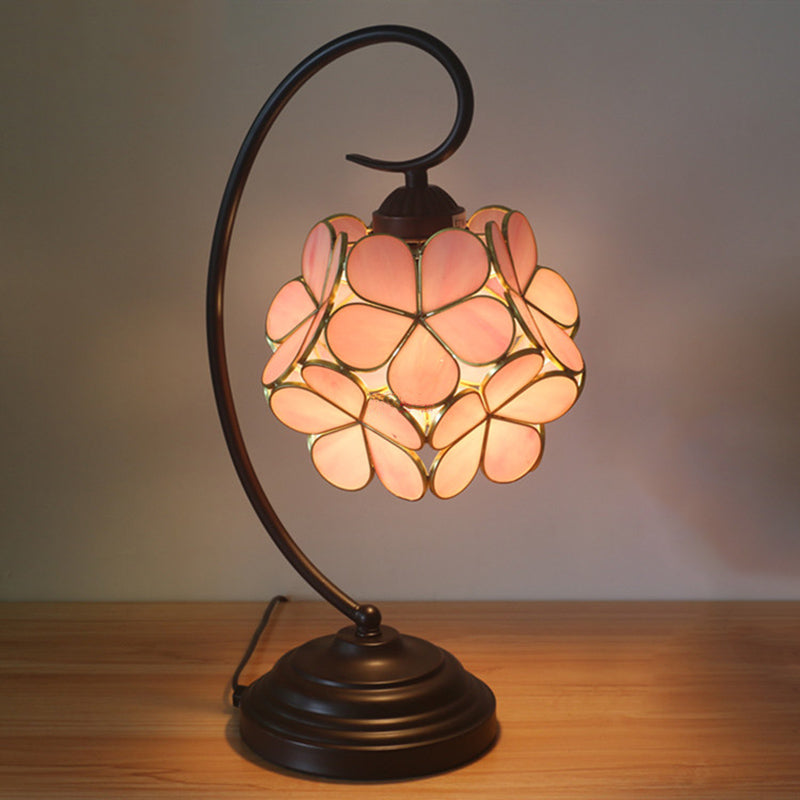 Blossom Shaped Table Light Single Head Beige/Pink/Yellow Glass Tiffany Style Nightstand Lamp for Bedroom