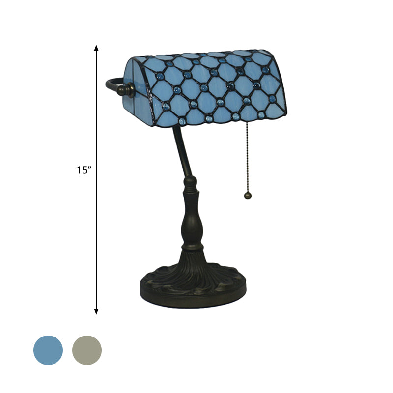 Jeweled Night Table Lamp Mediterranean Beige/Blue Glass Single Bulb Black Nightstand for Bedroom