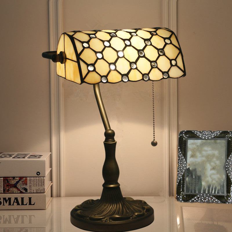 Jeweled Night Table Lamp Mediterranean Beige/Blue Glass Single Bulb Black Nightstand for Bedroom