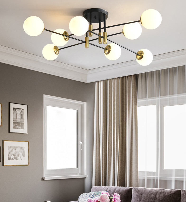 Opal Glass Shade Semi Flush Mount dans un plafond radial métallique de style vintage industriel en noir et or