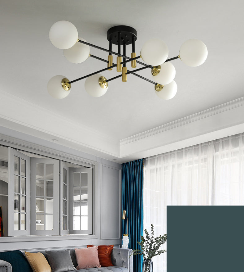 Opal Glass Shade Semi Flush Mount dans un plafond radial métallique de style vintage industriel en noir et or