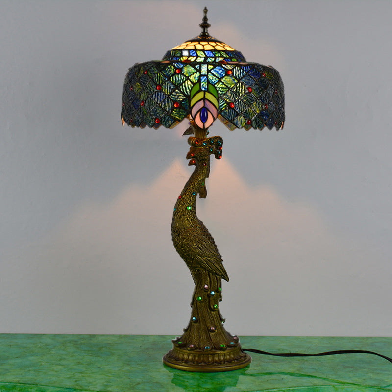 Stained Glass Peacock Feather Night Table Light Tiffany 1 Light Brass Nightstand for Bedside