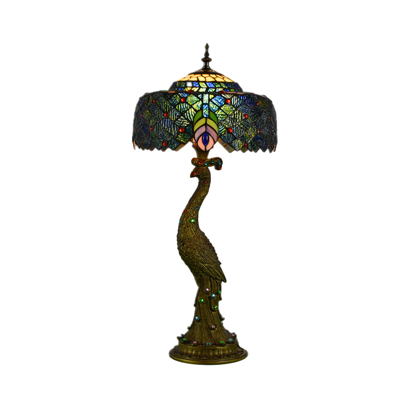 Stained Glass Peacock Feather Night Table Light Tiffany 1 Light Brass Nightstand for Bedside