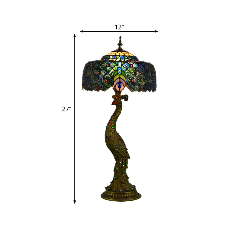 Stained Glass Peacock Feather Night Table Light Tiffany 1 Light Brass Nightstand for Bedside