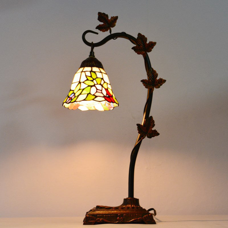 Rose/White/Dragonfly Nightstand Mediterranean Stained Glass Single Head Brown Table Lamp with Bridge Arm