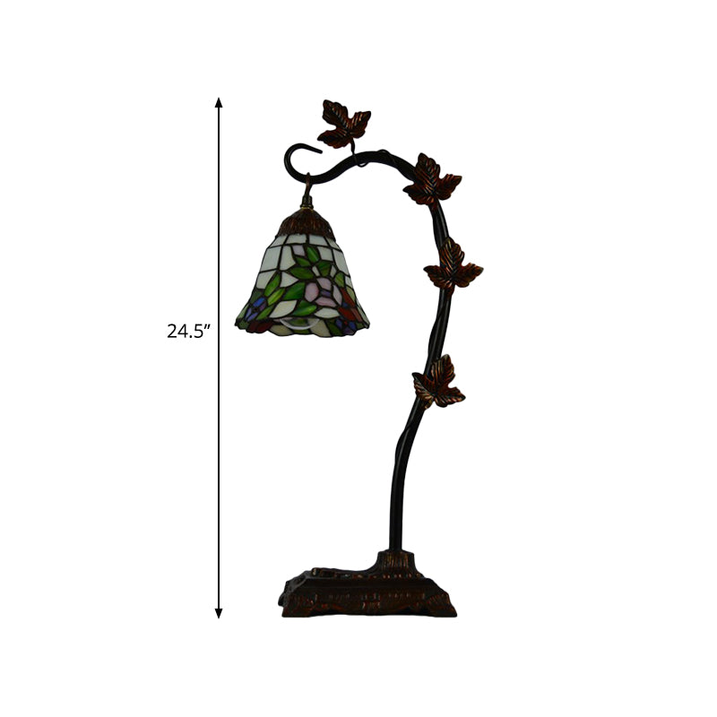 Rose/White/Dragonfly Nightstand Mediterranean Stained Glass Single Head Brown Table Lamp with Bridge Arm