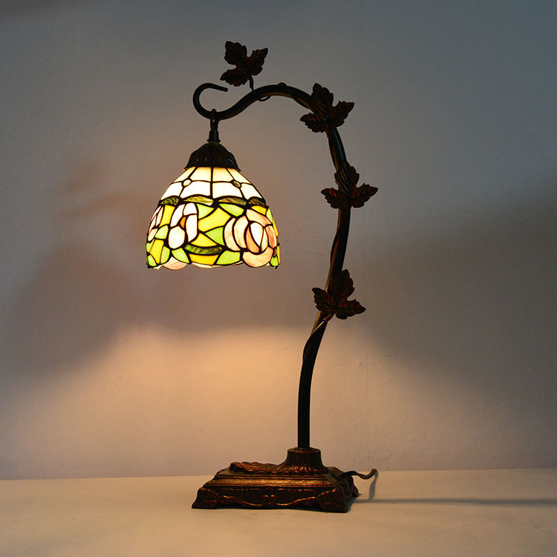 Rose/White/Dragonfly Nightstand Mediterranean Stained Glass Single Head Brown Table Lamp with Bridge Arm