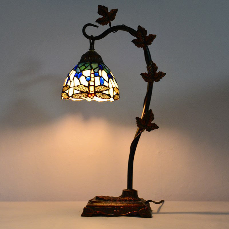 Rose/White/Dragonfly Nightstand Mediterranean Stained Glass Single Head Brown Table Lamp with Bridge Arm