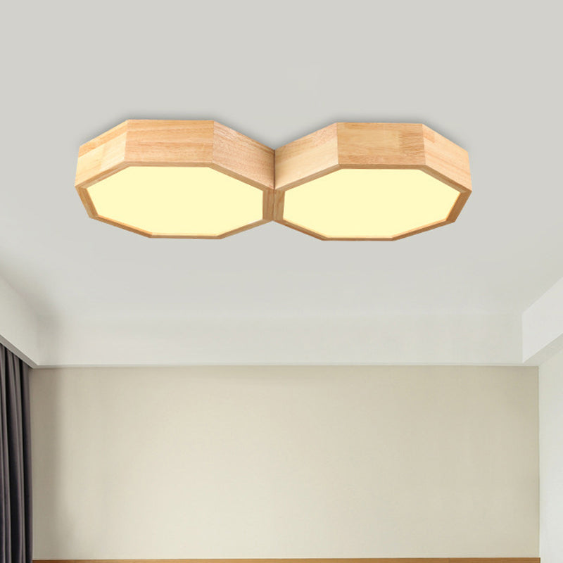 Octagon Twin Ceiling Light Fixture Nordic Natural Wood LED Bedroom Flush Mount Lamp