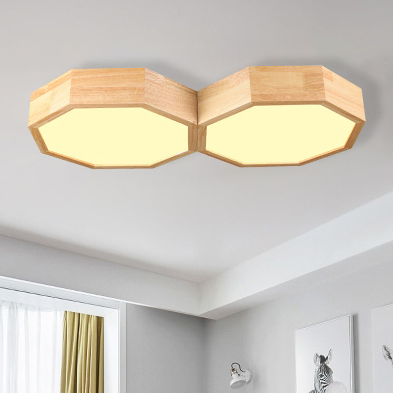 Octagon Twin Ceiling Light Fixture Nordic Natural Wood LED Bedroom Flush Mount Lamp