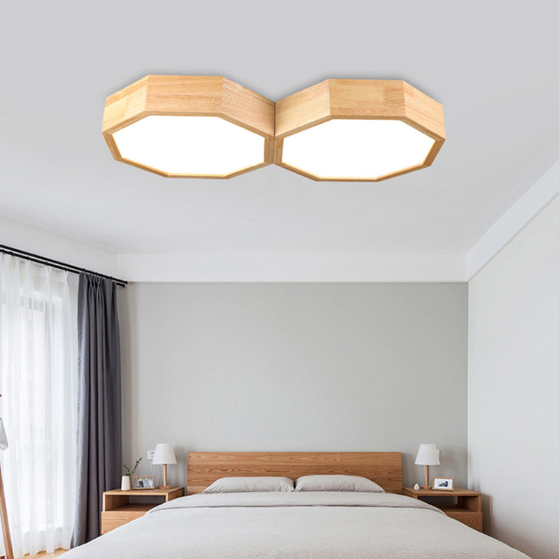 Octagon Twin Ceiling Light Fixture Nordic Natural Wood LED Bedroom Flush Mount Lamp