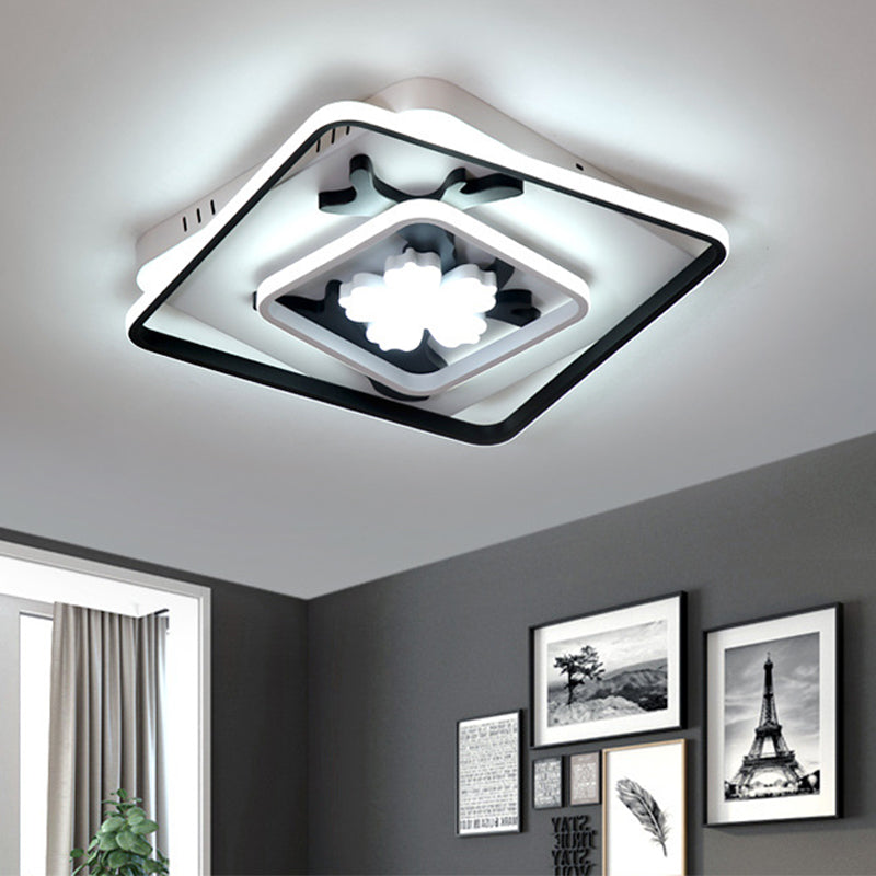 Square Flush Mount Lamp Modern Acrylic Black 19.5"/23.5" Wide LED Ceiling Light with Flower Decoration