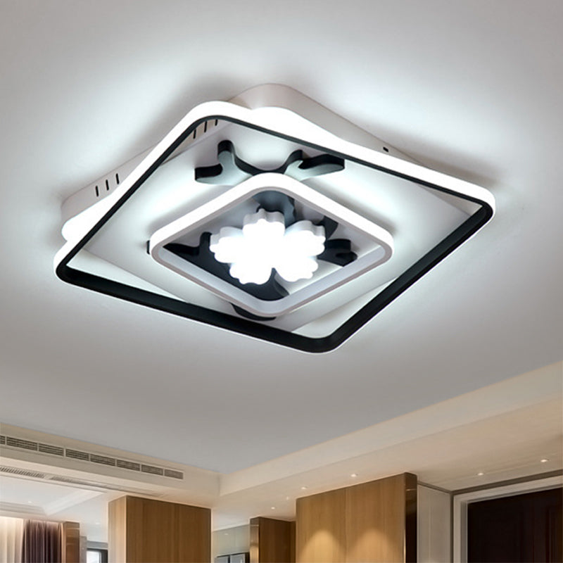 Square Flush Mount Lamp Modern Acrylic Black 19.5"/23.5" Wide LED Ceiling Light with Flower Decoration