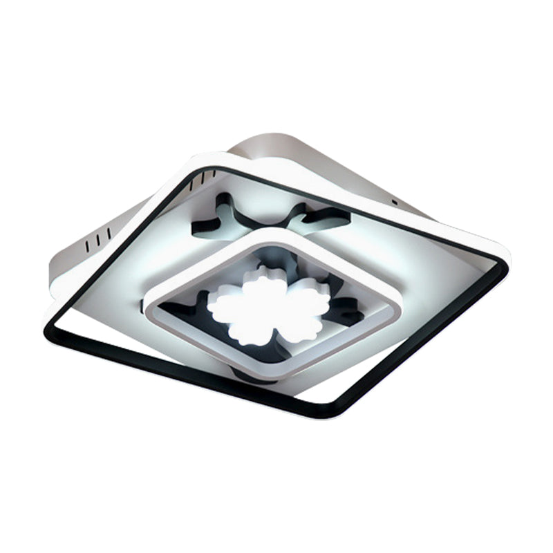 Square Flush Mount Lamp Modern Acrylic Black 19.5"/23.5" Wide LED Ceiling Light with Flower Decoration