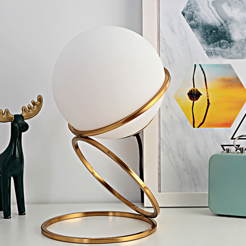 Golden Ring Night Lamp Minimalist 1-Light Metal Table Light with Ball Milk Glass Shade