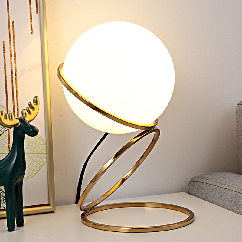 Golden Ring Night Lamp Minimalist 1-Light Metal Table Light with Ball Milk Glass Shade