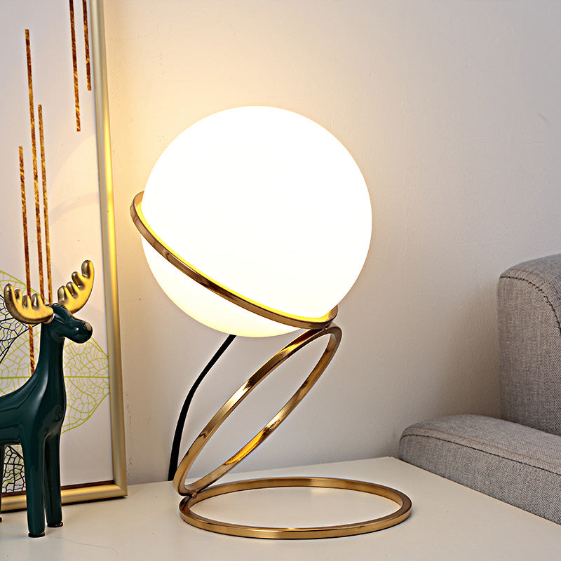 Golden Ring Night Lamp Minimalist 1-Light Metal Table Light with Ball Milk Glass Shade