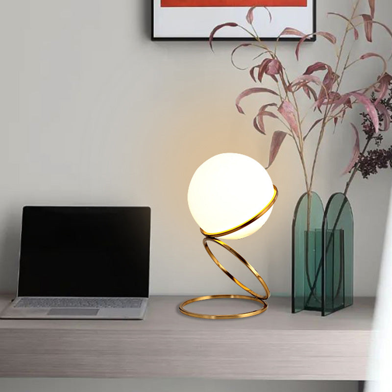 Golden Ring Night Lamp Minimalist 1-Light Metal Table Light with Ball Milk Glass Shade