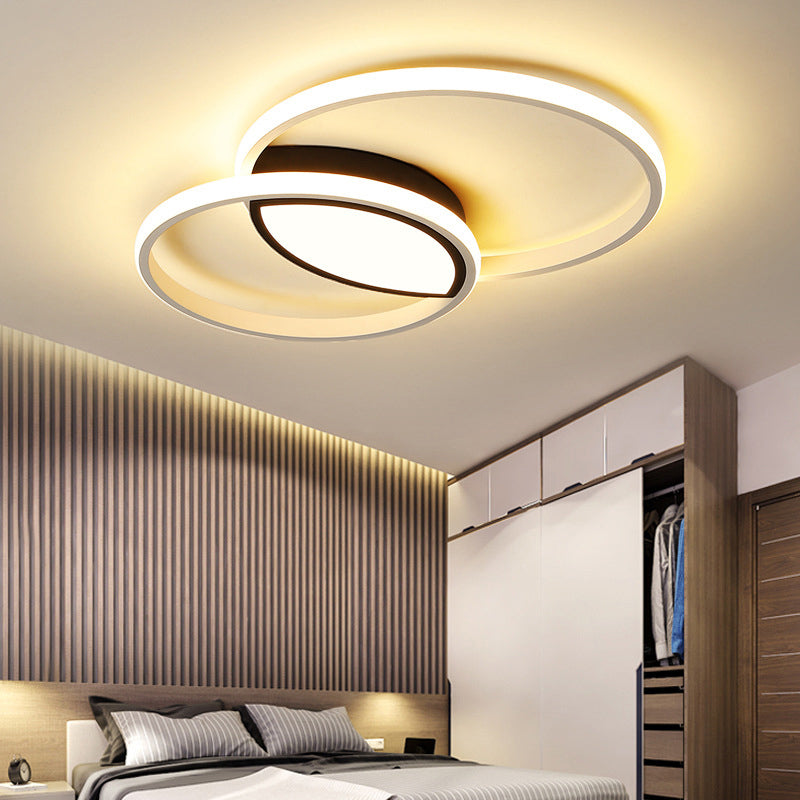 Double Rings Metal Ceiling Mount Light Fixture Modernism Black and White LED Flush Light in Warm/White Light/Remote Control Stepless Dimming, 16"/19.5" Wide